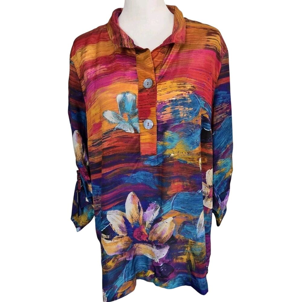 John Mark Wearable Art Wired Collar Cinch Tie 3/4 Sleeves Tunic Blouse Top Sz L